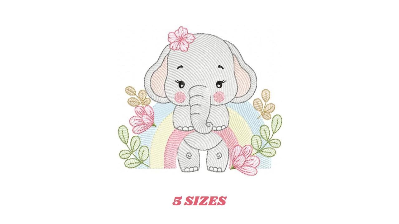 Elephant embroidery designs - Safari Wild Animal machine embroidery pattern - Baby Girl file - Flowers and rainbow - Instant download pes