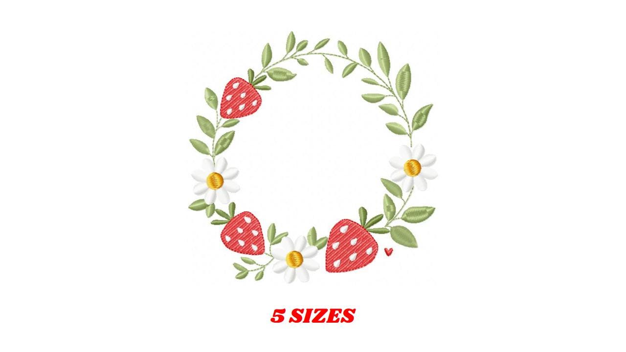 Monogram Frame with daisies and strawberries embroidery designs - Flower Laurel wreath machine embroidery pattern - Instant download pes jef