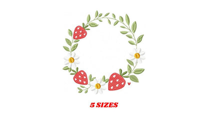 Monogram Frame with daisies and strawberries embroidery designs - Flower Laurel wreath machine embroidery pattern - Instant download pes jef