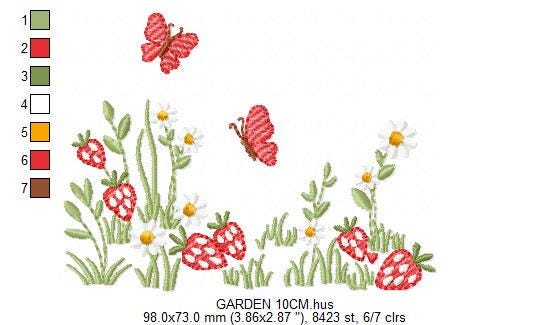 Flower garden embroidery design - Daisies with strawberries and butterflies machine pattern - Kitchen Tea Towel file - Instant download pes