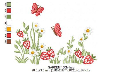 Flower garden embroidery design - Daisies with strawberries and butterflies machine pattern - Kitchen Tea Towel file - Instant download pes