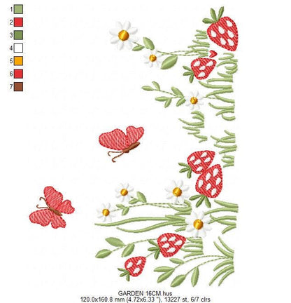 Flower garden embroidery design - Daisies with strawberries and butterflies machine pattern - Kitchen Tea Towel file - Instant download pes