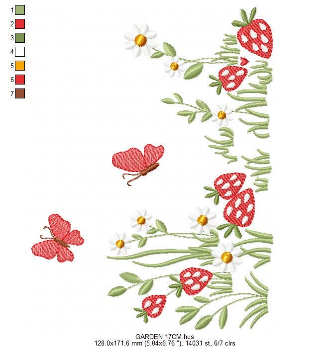 Flower garden embroidery design - Daisies with strawberries and butterflies machine pattern - Kitchen Tea Towel file - Instant download pes