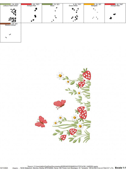 Flower garden embroidery design - Daisies with strawberries and butterflies machine pattern - Kitchen Tea Towel file - Instant download pes