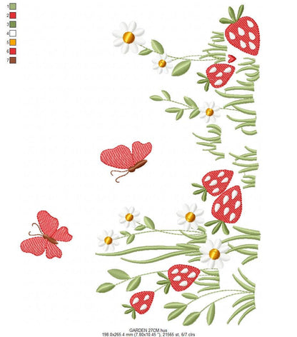 Flower garden embroidery design - Daisies with strawberries and butterflies machine pattern - Kitchen Tea Towel file - Instant download pes
