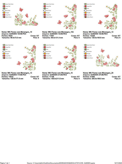Flower garden embroidery design - Daisies with strawberries and butterflies machine pattern - Kitchen Tea Towel file - Instant download pes