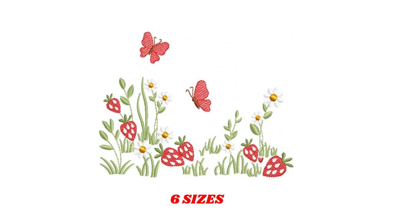 Flower garden embroidery design - Daisies with strawberries and butterflies machine pattern - Kitchen Tea Towel file - Instant download pes