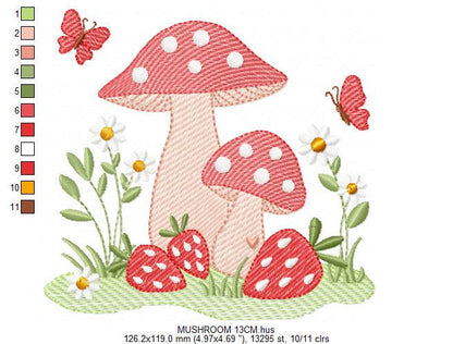 Mushroom with daisies and strawberries embroidery designs - Forest Toad with butterflies machine pattern - Kitchen Towel - Instant download