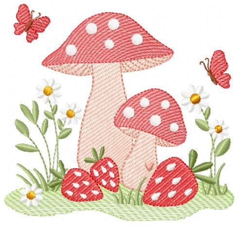 Mushroom with daisies and strawberries embroidery designs - Forest Toad with butterflies machine pattern - Kitchen Towel - Instant download