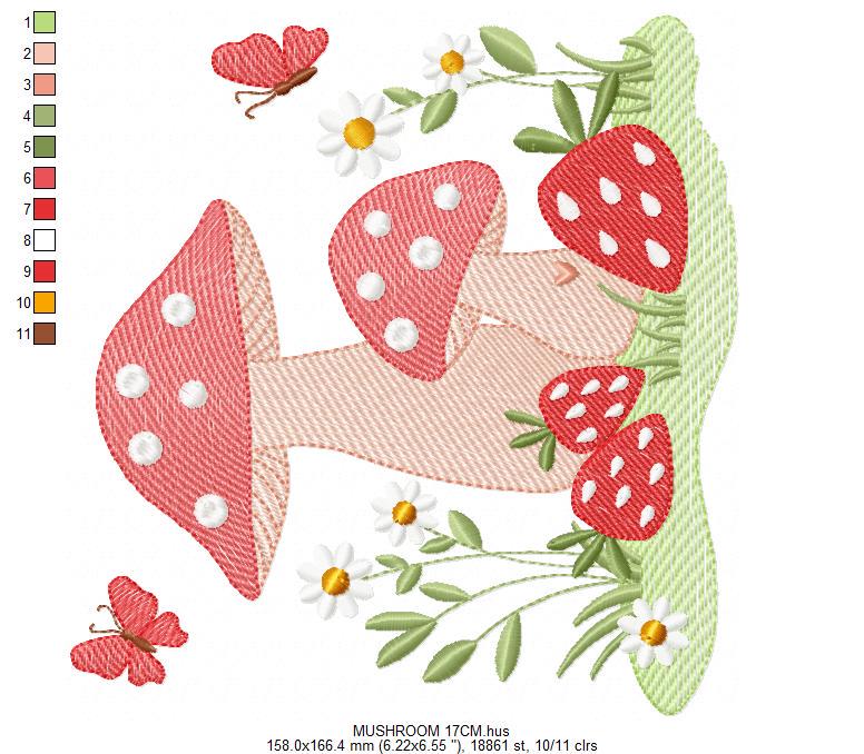 Mushroom with daisies and strawberries embroidery designs - Forest Toad with butterflies machine pattern - Kitchen Towel - Instant download