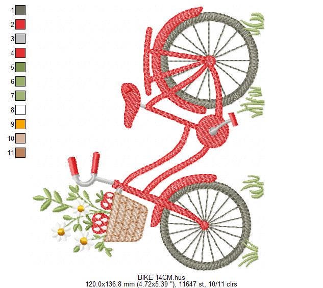 Bike with daisies and strawberries embroidery designs - Bicycle machine embroidery pattern - Baby girl Bike with flowers - Instant download