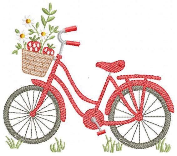 Bike with daisies and strawberries embroidery designs - Bicycle machine embroidery pattern - Baby girl Bike with flowers - Instant download