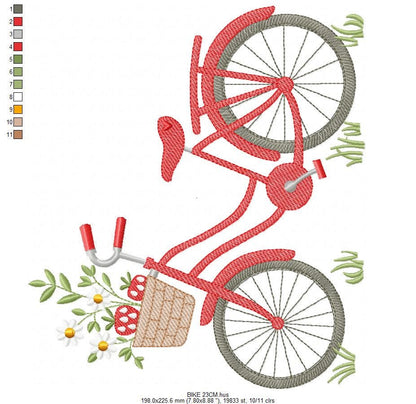 Bike with daisies and strawberries embroidery designs - Bicycle machine embroidery pattern - Baby girl Bike with flowers - Instant download