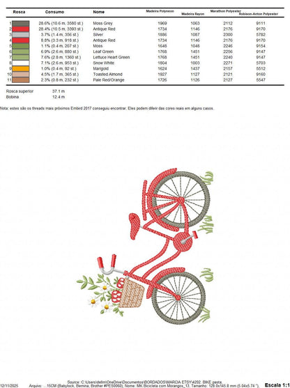 Bike with daisies and strawberries embroidery designs - Bicycle machine embroidery pattern - Baby girl Bike with flowers - Instant download