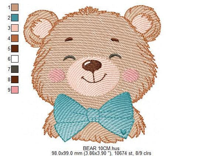 Teddy Bear embroidery designs - Happy Male bear with blue bow tie machine embroidery pattern - Baby boy children toy - Instant download pes