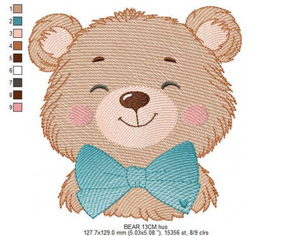 Teddy Bear embroidery designs - Happy Male bear with blue bow tie machine embroidery pattern - Baby boy children toy - Instant download pes
