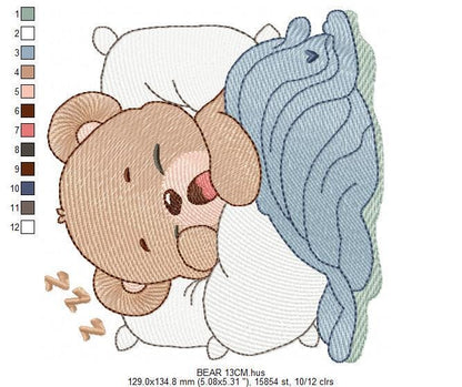 Sleeping Bear embroidery designs - Baby Boy Bear with pillow and blanket machine embroidery pattern - Instant digital download pes jef dst