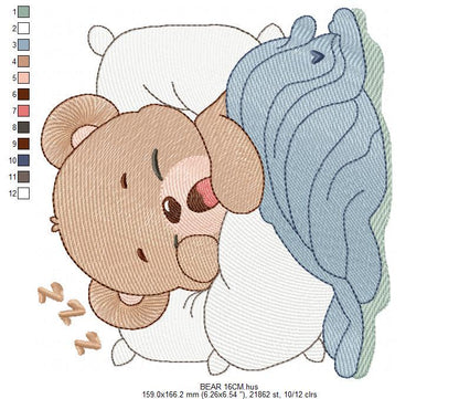 Sleeping Bear embroidery designs - Baby Boy Bear with pillow and blanket machine embroidery pattern - Instant digital download pes jef dst