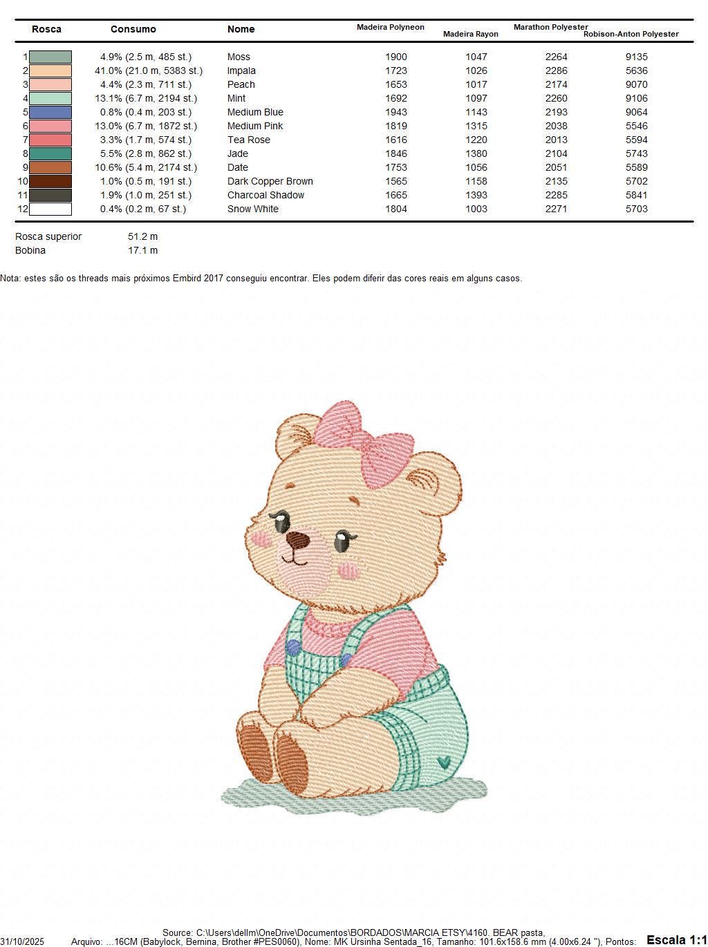 Female Bear embroidery designs - Baby girl bear with clothes machine embroidery pattern - Instant digital download pes jef dst hus xxx vp3