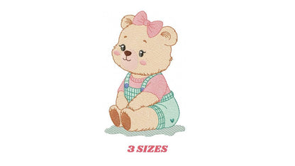 Female Bear embroidery designs - Baby girl bear with clothes machine embroidery pattern - Instant digital download pes jef dst hus xxx vp3