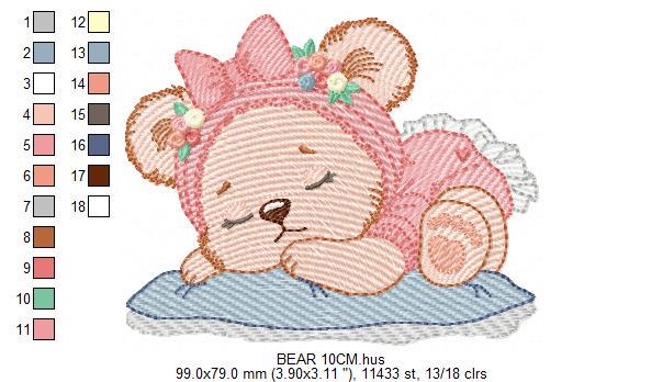Sleeping Bear with pajamas embroidery designs - Baby Girl Bear with flowers machine embroidery pattern - Instant digital download pes jef