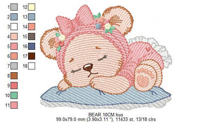 Sleeping Bear with pajamas embroidery designs - Baby Girl Bear with flowers machine embroidery pattern - Instant digital download pes jef