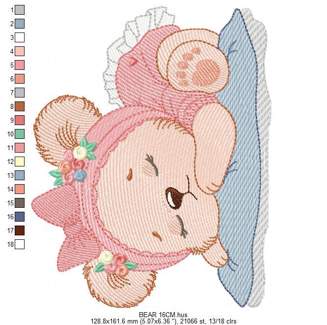 Sleeping Bear with pajamas embroidery designs - Baby Girl Bear with flowers machine embroidery pattern - Instant digital download pes jef