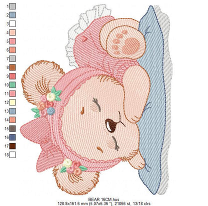 Sleeping Bear with pajamas embroidery designs - Baby Girl Bear with flowers machine embroidery pattern - Instant digital download pes jef