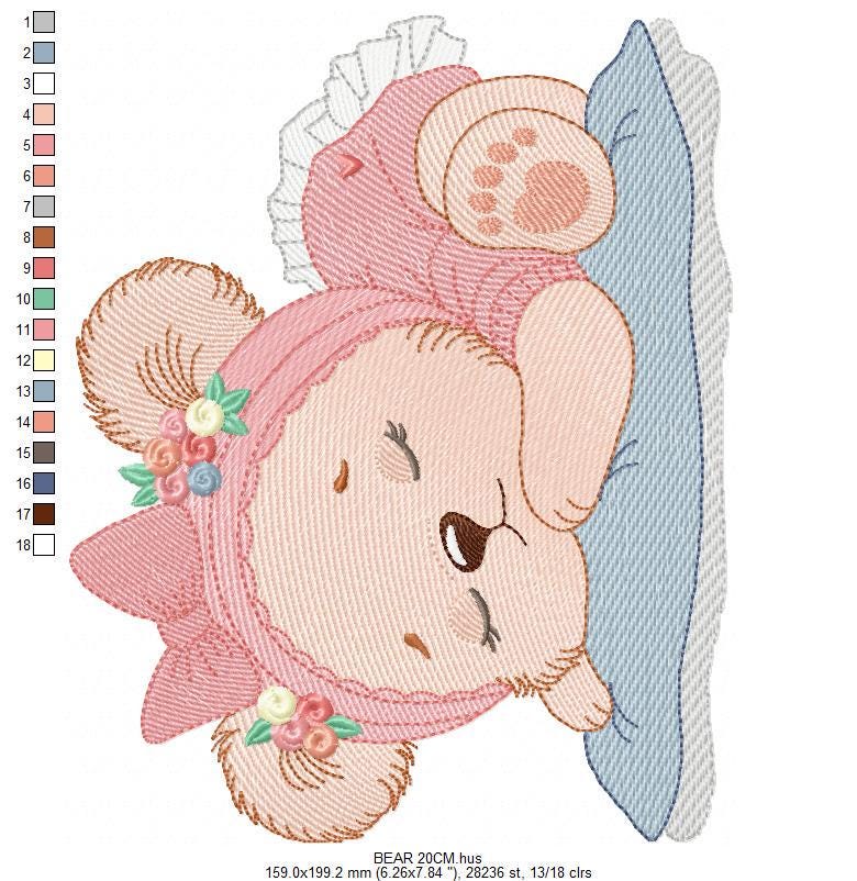 Sleeping Bear with pajamas embroidery designs - Baby Girl Bear with flowers machine embroidery pattern - Instant digital download pes jef