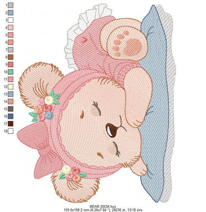 Sleeping Bear with pajamas embroidery designs - Baby Girl Bear with flowers machine embroidery pattern - Instant digital download pes jef