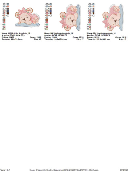 Sleeping Bear with pajamas embroidery designs - Baby Girl Bear with flowers machine embroidery pattern - Instant digital download pes jef