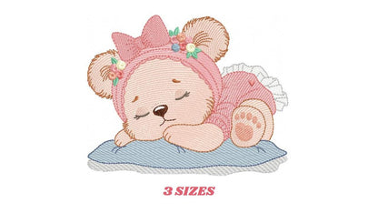 Sleeping Bear with pajamas embroidery designs - Baby Girl Bear with flowers machine embroidery pattern - Instant digital download pes jef