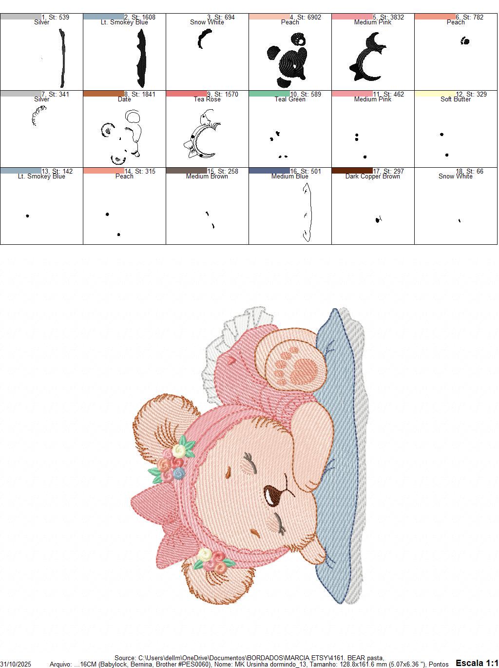 Sleeping Bear with pajamas embroidery designs - Baby Girl Bear with flowers machine embroidery pattern - Instant digital download pes jef