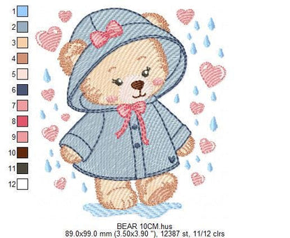 Female Bear embroidery designs - Baby girl bear with rain and raincoat machine embroidery pattern - Instant digital download pes jef dst hus