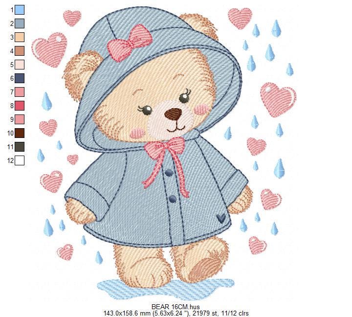 Female Bear embroidery designs - Baby girl bear with rain and raincoat machine embroidery pattern - Instant digital download pes jef dst hus
