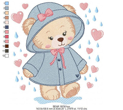 Female Bear embroidery designs - Baby girl bear with rain and raincoat machine embroidery pattern - Instant digital download pes jef dst hus