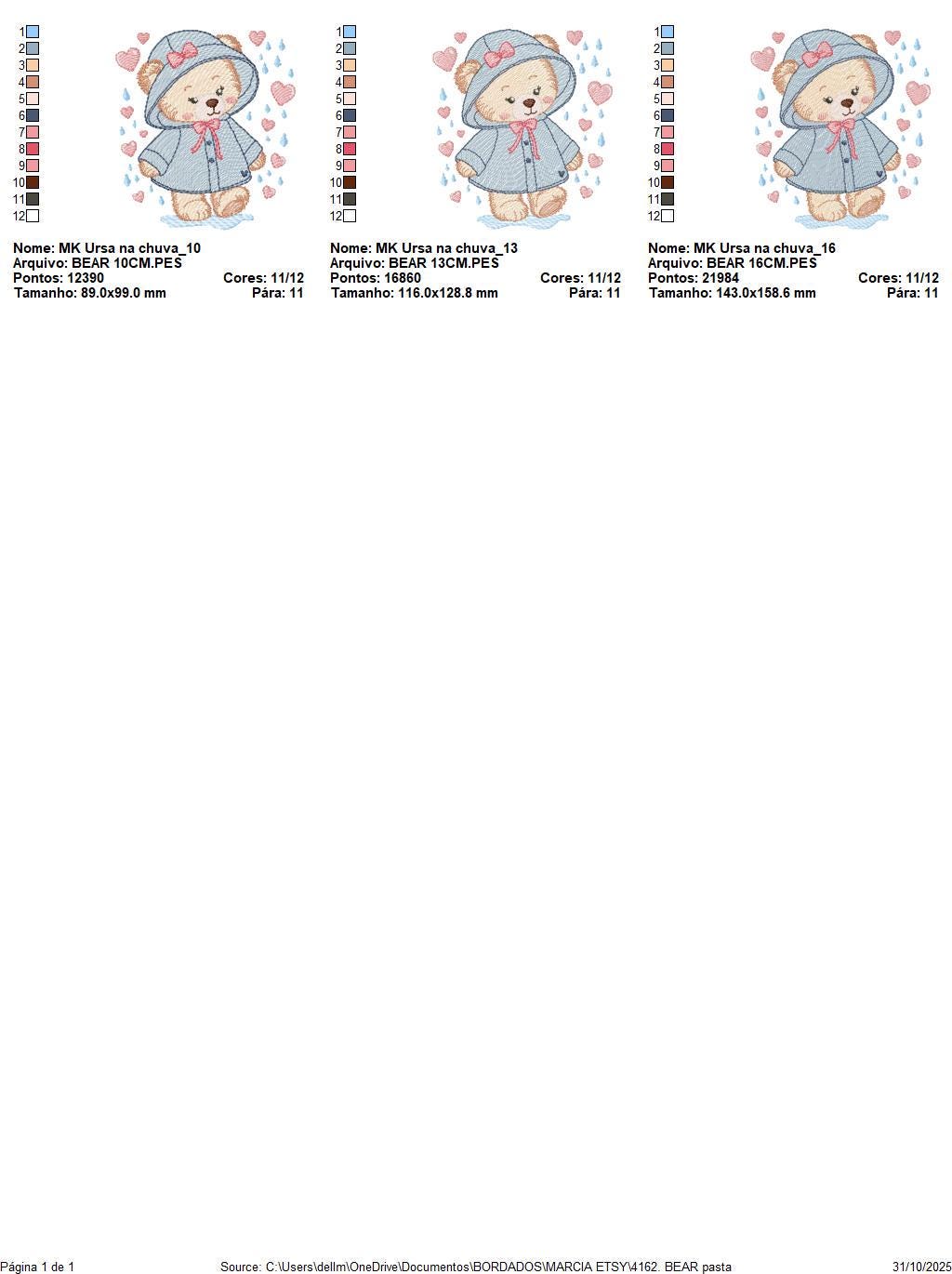 Female Bear embroidery designs - Baby girl bear with rain and raincoat machine embroidery pattern - Instant digital download pes jef dst hus
