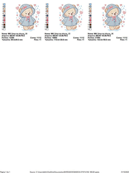 Female Bear embroidery designs - Baby girl bear with rain and raincoat machine embroidery pattern - Instant digital download pes jef dst hus