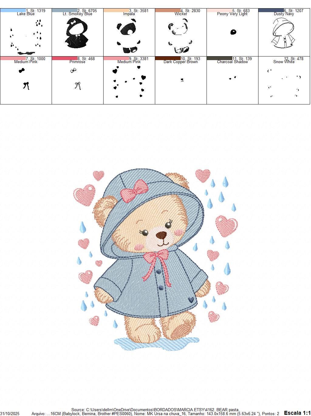 Female Bear embroidery designs - Baby girl bear with rain and raincoat machine embroidery pattern - Instant digital download pes jef dst hus