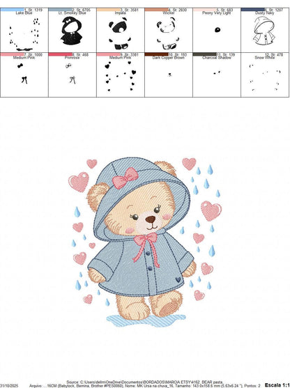 Female Bear embroidery designs - Baby girl bear with rain and raincoat machine embroidery pattern - Instant digital download pes jef dst hus