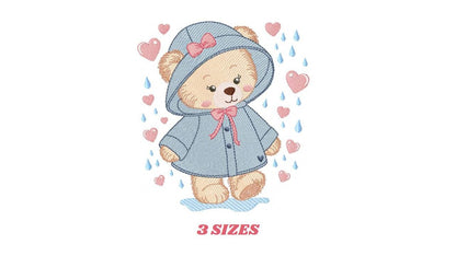 Female Bear embroidery designs - Baby girl bear with rain and raincoat machine embroidery pattern - Instant digital download pes jef dst hus