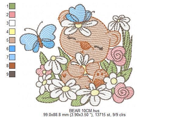 Bear with flowers and butterflies embroidery designs - Baby girl bear machine embroidery pattern - Instant digital download pes jef dst hus
