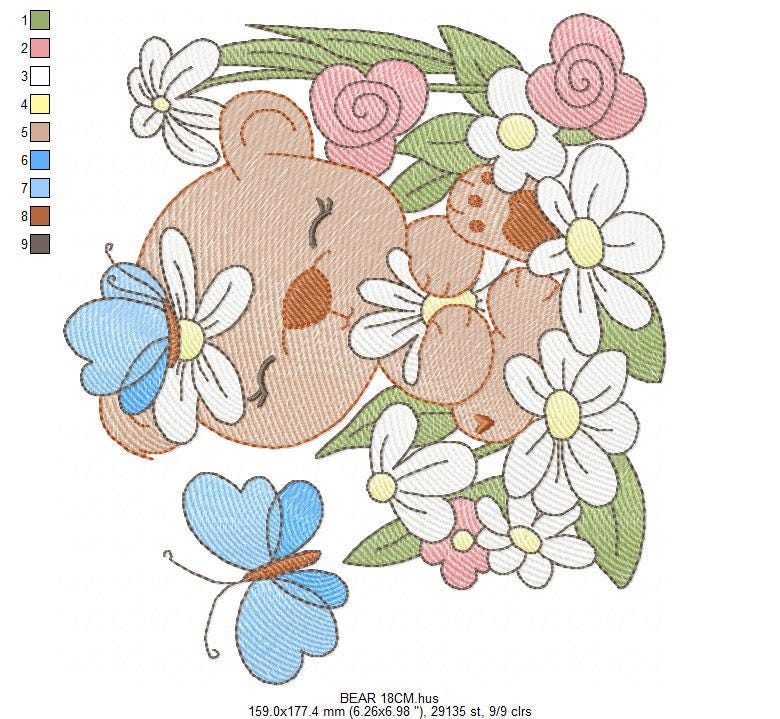 Bear with flowers and butterflies embroidery designs - Baby girl bear machine embroidery pattern - Instant digital download pes jef dst hus