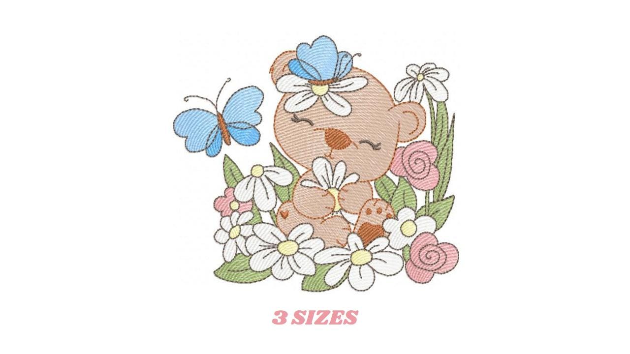 Bear with flowers and butterflies embroidery designs - Baby girl bear machine embroidery pattern - Instant digital download pes jef dst hus
