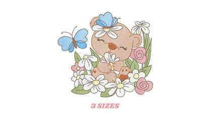 Bear with flowers and butterflies embroidery designs - Baby girl bear machine embroidery pattern - Instant digital download pes jef dst hus