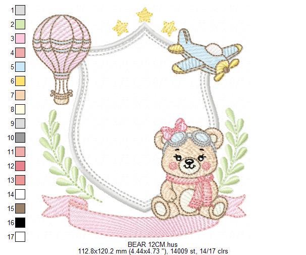 Pilot Bear embroidery designs - Baby Girl Aviator with frame machine embroidery pattern - Aviator Teddy Bear file - Instant digital download