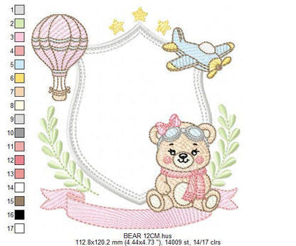 Pilot Bear embroidery designs - Baby Girl Aviator with frame machine embroidery pattern - Aviator Teddy Bear file - Instant digital download