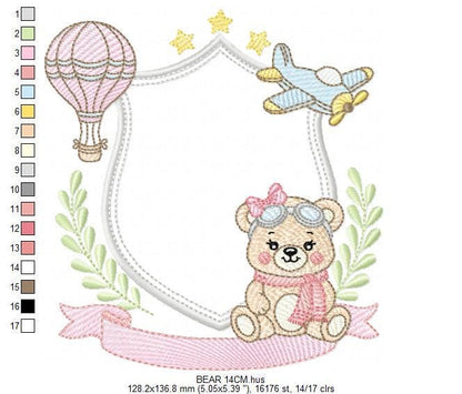 Pilot Bear embroidery designs - Baby Girl Aviator with frame machine embroidery pattern - Aviator Teddy Bear file - Instant digital download