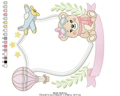 Pilot Bear embroidery designs - Baby Girl Aviator with frame machine embroidery pattern - Aviator Teddy Bear file - Instant digital download