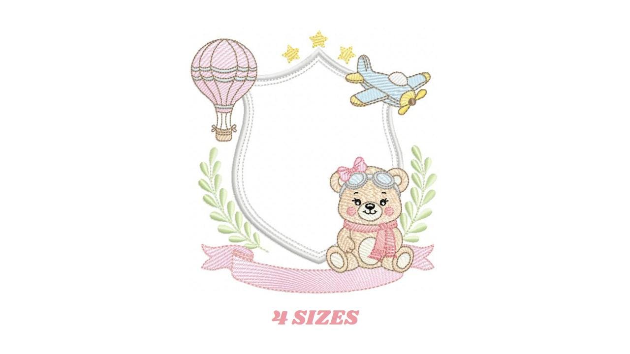 Pilot Bear embroidery designs - Baby Girl Aviator with frame machine embroidery pattern - Aviator Teddy Bear file - Instant digital download